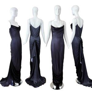 RICHARD TYLER COUTURE '00 Vintage Black + Lilac Silk Boned Gown w. Bustle